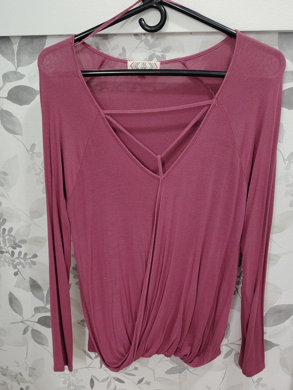 Pink Rose Mauve Long Sleeve V-Neck Twist Front Top
